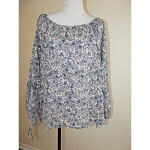 True Craft Womens Boho TOP - Size 1X - White Blue Floral Peasant Tie Shoulder